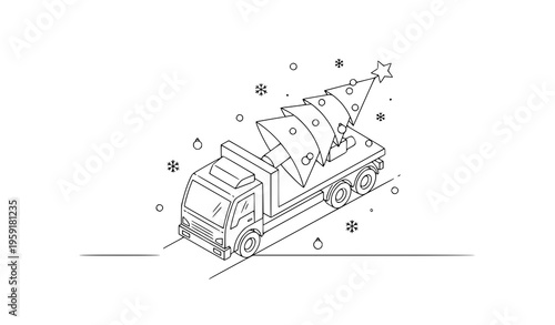 Isometric Christmas delivery truck with tree festive logistics vector illustration
