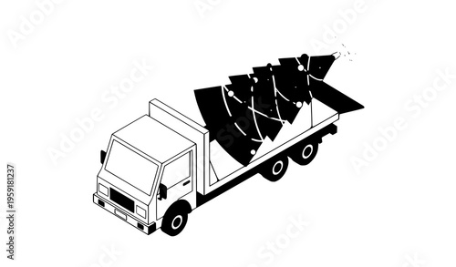 Isometric truck carrying Christmas tree holiday delivery vector illustration