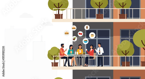 Friends enjoying coffee and food on a balcony with city view