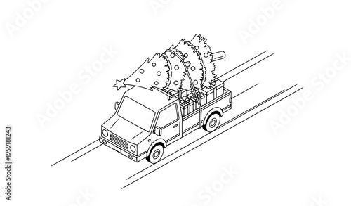Isometric pickup truck with Christmas tree and gifts holiday vector illustration