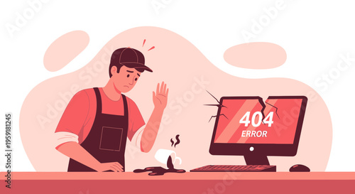 Frustrated Barista with Spilled Coffee and Cracked Computer Screen Showing 404 Error