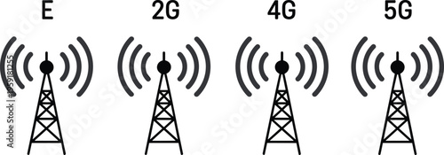 Stylized cellular towers labeled E, 2G, 4G, and 5G with signal waves, representing mobile network technology evolution, wireless communication, connectivity, and digital data transmission