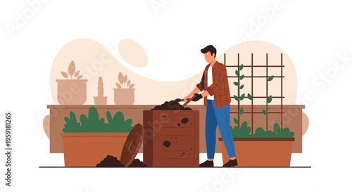 Gardener adding compost to a bin, surrounded by plants and garden beds.