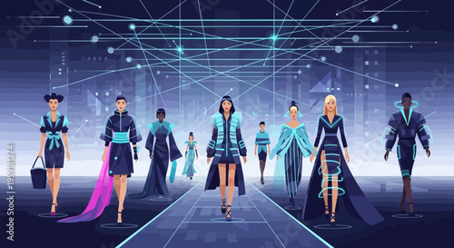 Futuristic Fashion Show: Diverse Models in Digital Metaverse Runway, Cyberpunk Style
