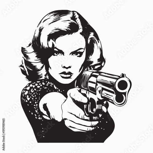 Pop Art Style Beautiful Woman Aiming Gun In Hunter Outfit