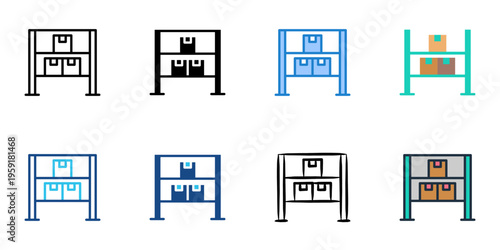 Storage shelf icons set multiple style collection. Editable stroke 

