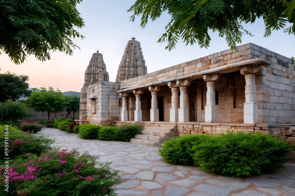 Fototapeta premium Sahastra Bahu Temples ancient architecture with lush gardens, Nagda, Rajasthan