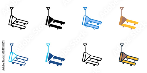 Pallet jack icons set multiple style collection. Editable stroke 
