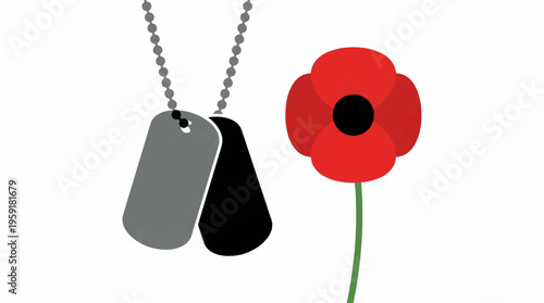 Minimalist flat vector of military dog tags and a single red poppy flower on a clean background