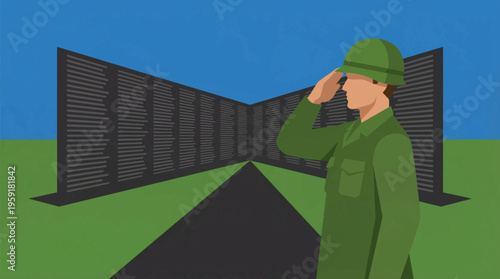 Flat vector composition of a soldier saluting in front of the Vietnam Veterans Memorial Wall silhouette