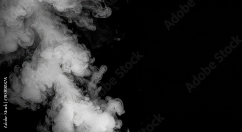 Dense white steam or vapor rising against a black background, creating an abstract and dramatic smoky texture effect for design use, element, movement, abstract