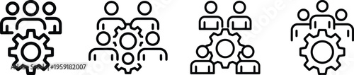 Team Training & CRM System Outline Icon – Group of Three People with Gear, Editable Vector Pictogram