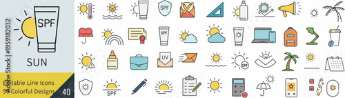 Collection of summer icons and sun protection symbols vector illustration