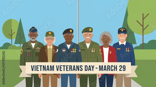 Group of diverse veterans in flat vector style standing together to celebrate Vietnam Veterans Day