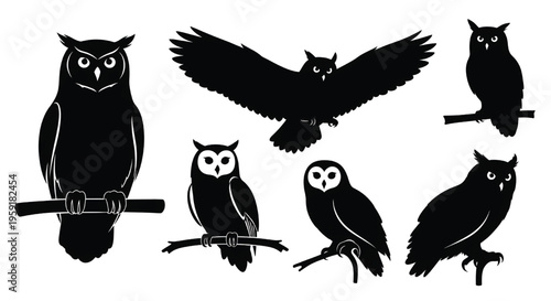 A group of owl silhouettes perched on branches in various poses.