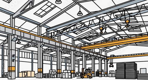 Detailed Architectural Drawing of a Large Industrial Warehouse Interior.