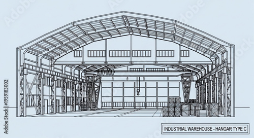 Detailed architectural drawing of a warehouse interior structure.