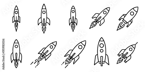 Rockets launch into space with various trajectories and speeds depicted.