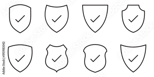 Set of four green shield icons with white check marks inside symbolizing protection security verified status and safety confirmation, Minimal Shield Checkmark Outline Icon Set. Clean Security Line 