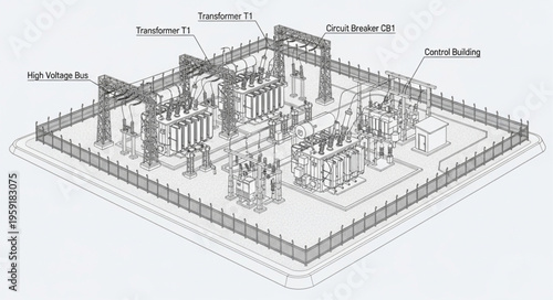 Detailed architectural drawing of an electrical substation with labeled components.