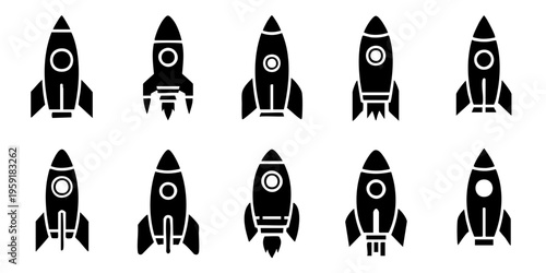 Rockets launch into space from various angles on a white background