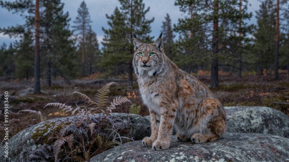 Obraz premium A lynx sits alertly on a rocky outcrop in the boreal forest, its fur patterned with dark spots against a lighter background reflecting the soft twilight light.