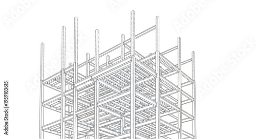 Detailed Architectural Framework Sketch of a Multi-Story Building Under Construction.