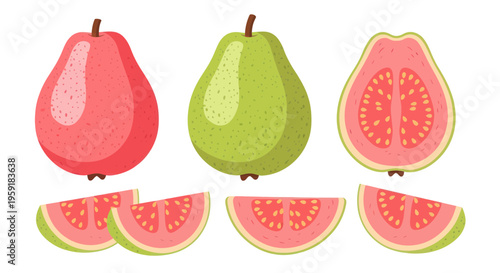 Fresh Guava Fruits Collection: Whole, Halved, and Sliced Pink Guavas