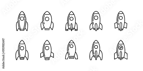 Rockets are launching into space with various designs on a white background