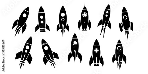 Rockets soar through space in various flight formations and angles.