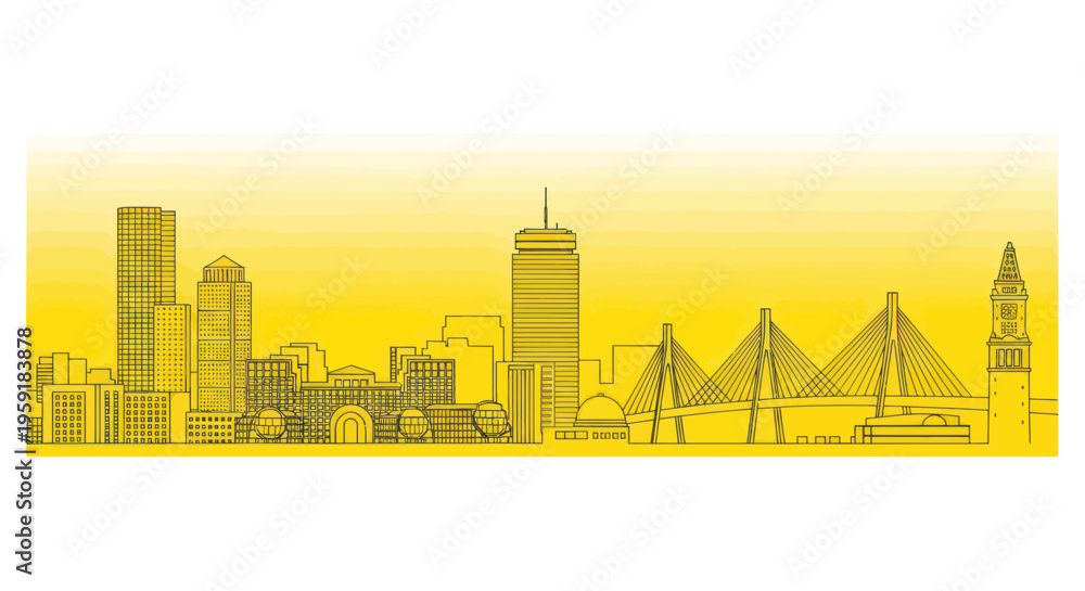 Obraz premium Yellow Skyline Silhouette of Boston Cityscape with Bridges