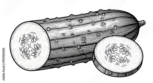Vintage Cucumber Illustration: Whole and Sliced