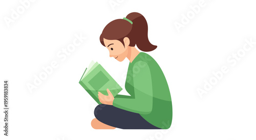 Young Woman Sitting Cross-legged, Reading an Open Book, Focused Expression