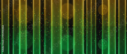 Yellow blue vertical light curtain composition. Bright glowing columns, warm upper tones blending into cool blue lower glow, scattered spark particles, soft bokeh circles, dark backdrop