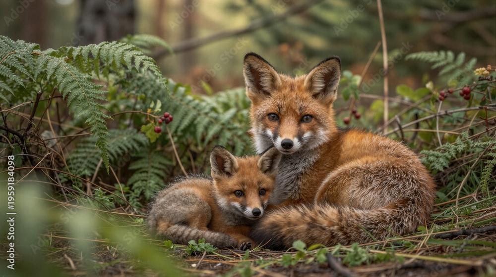 Obraz premium A mother fox and her cubs rest together on a forest floor surrounded by ferns and ripe berries in late spring.