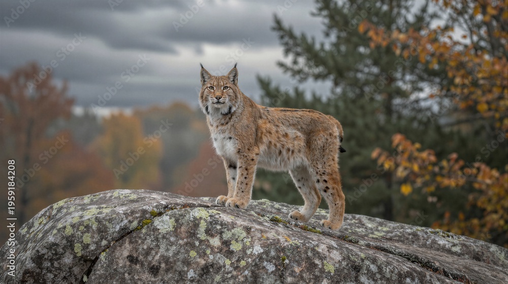 Obraz premium A majestic lynx stands poised on a rugged outcropping amidst vibrant autumn hues in a misty forest glade at dawn's hush.