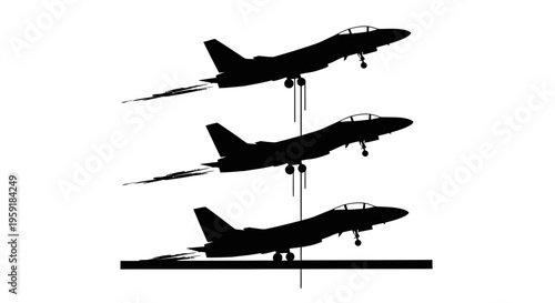 Three black silhouettes of airplanes taking off flying and landing in sequence on white background