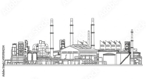 Detailed Black and White Industrial Plant Illustration.