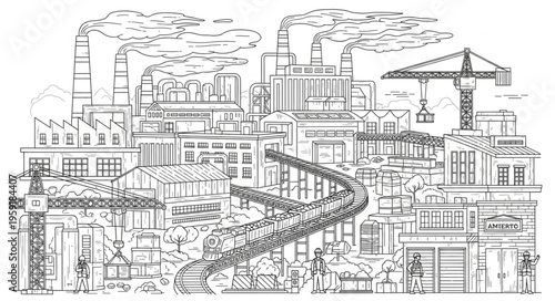 Detailed cityscape sketch featuring buildings, crane, and pedestrian bridge.