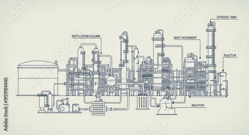 Detailed blueprint of an industrial plant with various structures.
