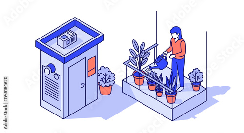 Isometric woman watering green plants on urban apartment balcony garden