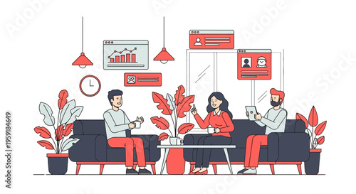 A Group Of Staff Sit In A Room At Work To Chat And Drink Some Coffee