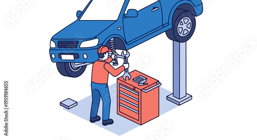 Auto mechanic fix blue car on lift in shop with tool box at work now