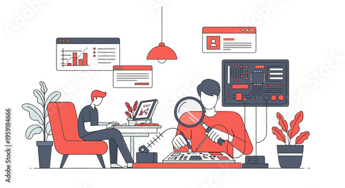 Two pros at a lab to fix a chip and check data on a screen