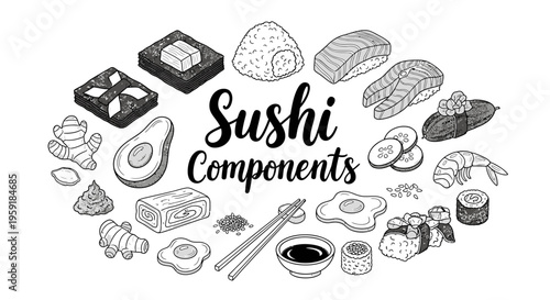 Sushi ingredients and components illustration with chopsticks and soy sauce