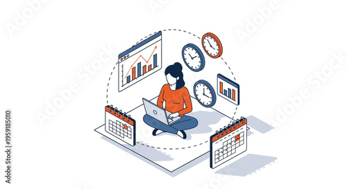 Professional woman working on her laptop for deep work productivity with clock calendar and data analytics charts for planning