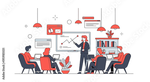 Teacher shows data to kids using computers and screen in a big modern digital class