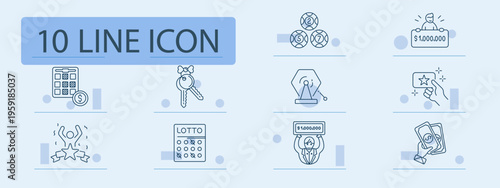 Lottery set icon. Ticket, keys, balls, jackpot, roulette, scratchcard, winner, money, prize, reward, fortune, gambling, chance, cash, success, luck