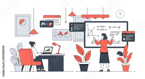 Teacher and student in a digital mathematics lecture learning online education algebra statistics technology science research analysis in school