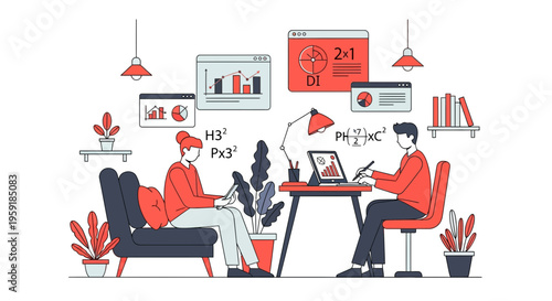 Digital science math education students study data charts formulas online learning school university research home office workspace